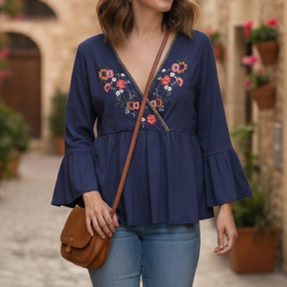 Hailey & Co Blue Embroidered V-neck Blouse